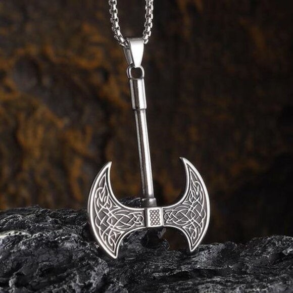 Double Sided Viking Norse Axe Necklace Stainless Steel - Picture 5 of 11
